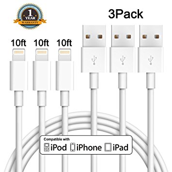 iPhone Charger, Sundix Extra Long Lightning to USB Charger Cable, 8 Pin USB Sync & Charging Cords Compatible with iPhone 7/7 Plus/6s/6s Plus/6/6 Plus/5s/5c/5/SE, iPad/iPod (3Pack 10FT White)