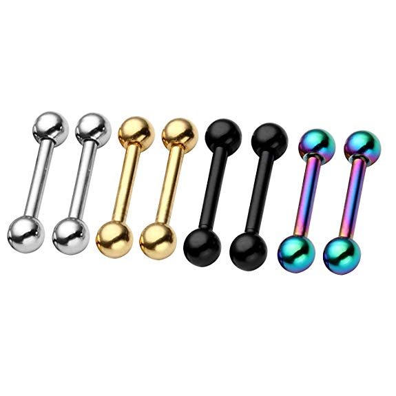 4 Pairs Stainless Steel Barbell 3mm Ball Screw Mixed Colors Gauge 16G (1.2mm) Tragus Helix Cartilage Stud Earrings Lip Nose Septum Straight Body Piercing 6-16mm Long