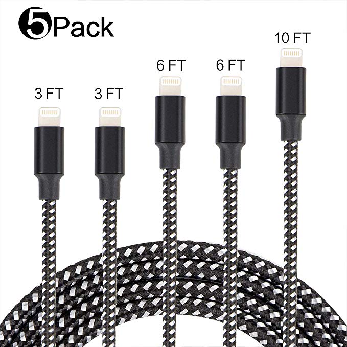 5 Pack 3FT 3FT 6FT 6FT 10FT USB Charging Cable &USB Syncing with Nylon Braided Cord Compatible iPhone Charger X/8/8Plus/7 /7Plus/6/6Plus/6S/6SPlus/5/5s/5c/SE Black and Grey