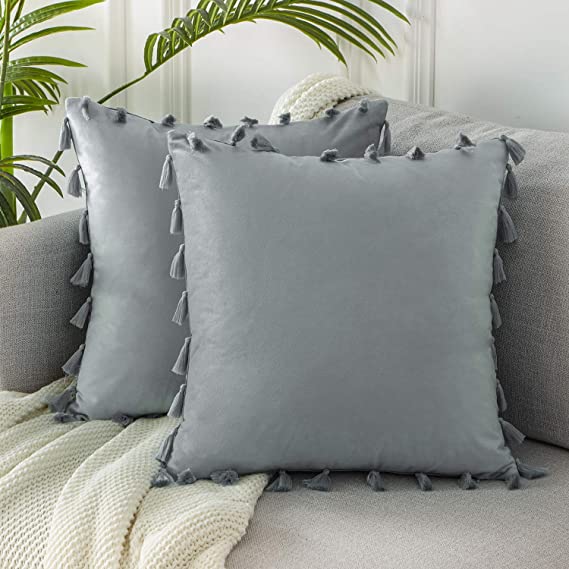 Topfinel Boho Decorative Throw Pillow Covers with Tassels for Couch Bed Sofa Soft Velvet Cushion Covers 18 x 18 Inch 45 x 45 cm, Pack of 2, Grey