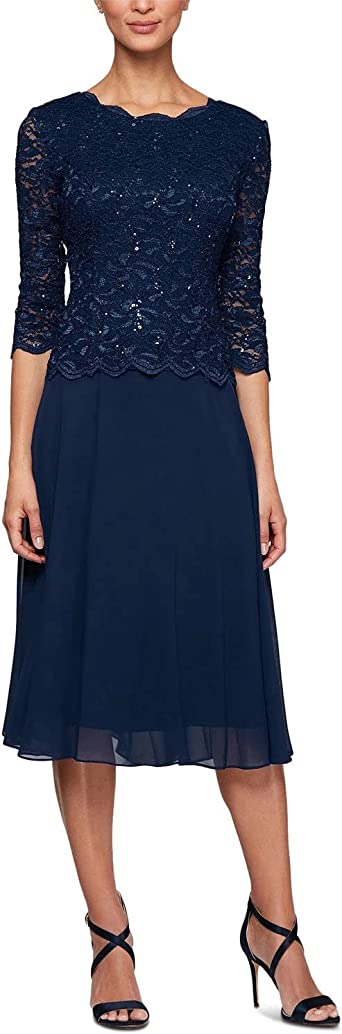 Alex Evenings Women's Tea Length Sequin Mock Dress (Petite and Regular)