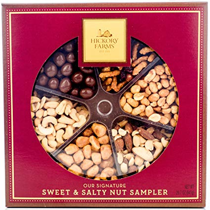 Hickory Farms Nuts Gift Set Box Prime Holiday Sampler with Savory Assortment of Honey Roasted, Butter Toffee and Chocolate Covered Peanuts, Cashews, Mixed Nuts and Cranberry Sesame Nut Mix. 29.7oz