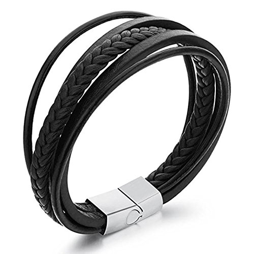 Feraco Braided Leather Bracelet for Men Multi-layer Wrap Bangle Stainless Steel Magnetic-Clasp,Black 8.26"