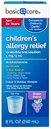 Amazon Basic Care Children’s Allergy Relief Loratadine Oral Solution 5 mg/5 mL, 8 Fluid Ounces
