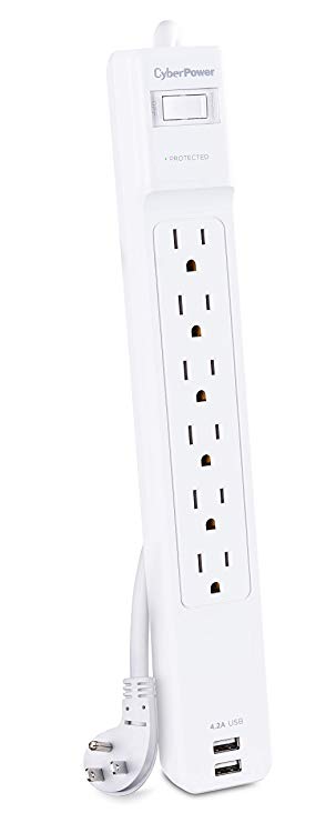 CyberPower CSP606U42A Professional Surge Protector, 900J/125V, 6 Outlets, 2 USB Charge Ports, 6ft Power Cord, White