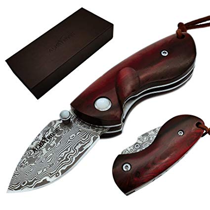 ALBATROSS Mini Pocket Knife Red Sandalwood/Abalone Seashells 4.75'' Damascus Steel Knife Liner Lock Folding Knife 100% Prime Quality