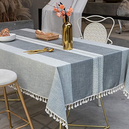 TEWENE Table Cloth, Rectangle Table Cloths Wrinkle Free Tablecloth Cotton Linen Tablecloths Stitching Tassle Tablecloth Grey Table Cloth for Kitchen, Dining, Outdoor Table(55''x86''/6-8 Seats/Grey)