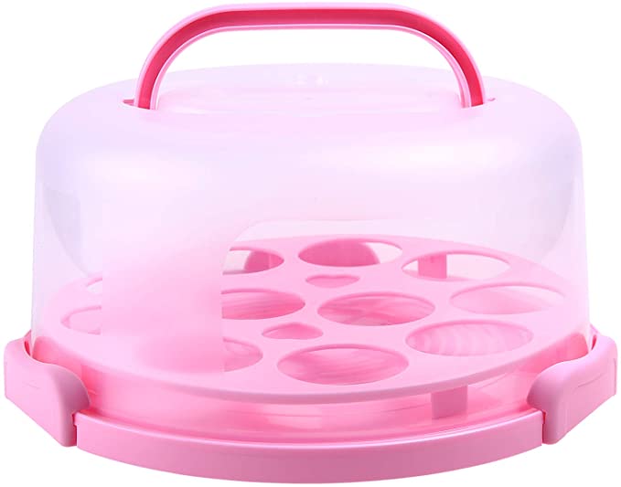 Cake Carrier with Handle, Ohuhu Cake Container, Cupcake Holder, Portable Round Cake Holder, Two Sided Base for Pies, Cookies, Nuts, Fruit etc, Suitable for 10 inch Cake, Pink