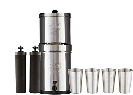 Bundle Includes Travel Berkey Water Filter System with 2 Black Purifier Filters (1.5 Gallons) Bundled with 1-Set of 4 BX 12 oz Stainless Steel Cups