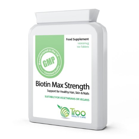 Biotin 10000mcg 120 Tablets - Maximum Strength Support for Healthy Hair Nails and Skin - UK Manufactured GMP Guaranteed Quality