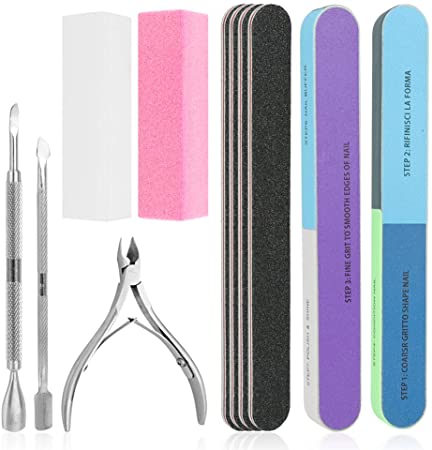 Nail File Set, WOVTE 11 Pcs Nail Files Block 7 Ways Buffer Block Buffer Block Sponge Polished, Come with Cuticle Nipper and Pusher for Dead Skin Nail Trimming Manicure Tools