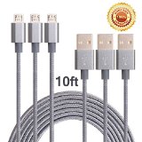 BestfyTM 3Pack 10FT Extra Long Tangle-free Nylon Braided Micro USB 20 Power Cable Cord Wire With Aluminum Heads for Smartphones tablets MP3 players and MoreGrey