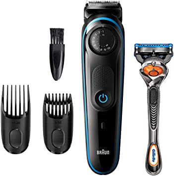 Braun Beard Trimmer BT3240, Hair Clippers for Men, Cordless & Rechargeable with Gillette ProGlide Razor, Black/Blue