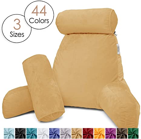 Nestl Reading Pillow, Includes 1 Extra Large Bed Rest Pillow with Arms and Pockets   2 Detachable Pillows - Shredded Memory Foam TV Pillow, Neck Roll & Lumbar Support Pillow - Set of 3 - Camel Gold