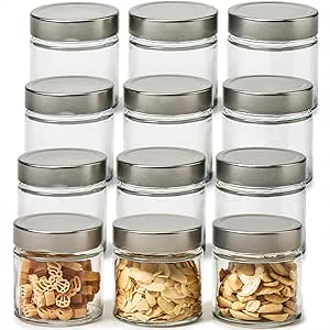 EZOWare 6oz Airtight Glass Jars with Brushed Silver Lids, Set of 12 Kitchen Clear Food Canister Storage Container for Yogurt, Jelly, Dessert, Honey, Jams, Sugar, Spices, and DIY Candles Decor