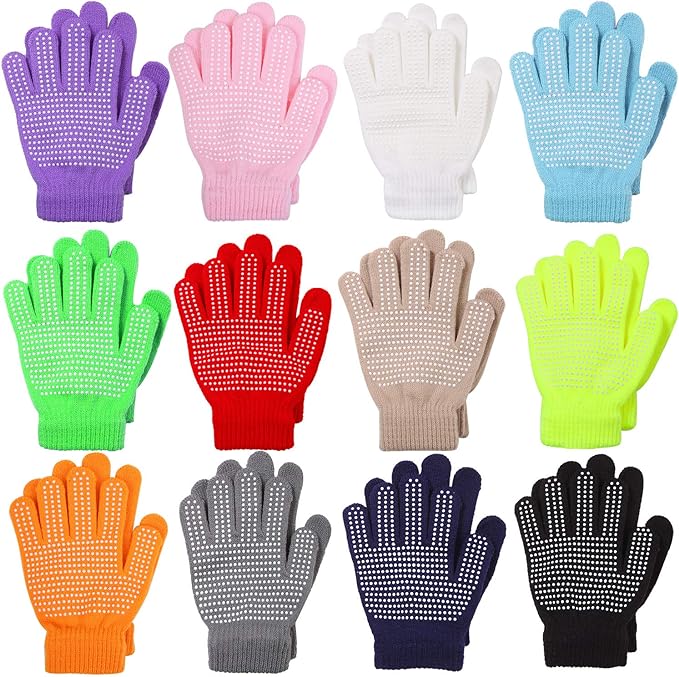 Cooraby 12 Pairs Kids Non-Skid Winter Gloves Stretch Knit Magic Gloves for Boys Girls