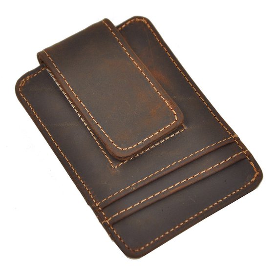 Leaokuu Mens Genuine Leather Cowhide Magnet Money Clip Credit Case Case Holder Slim Wallet