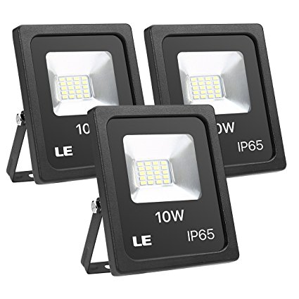 LE 10W Super Bright Outdoor LED Flood Lights, Daylight White 6000K, 100W Halogen Bulb Equivalent, Waterproof, 800lm, Security Lights, Floodlight. Pack of 3