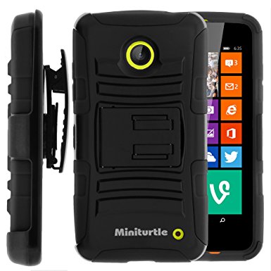 MINITURTLE, High Impact Rugged Hybrid Dual Layer Protective Phone Armor Case Cover with Built in Kickstand, Swivelling Holster Belt Clip, and Clear Screen Protector Film for Prepaid Windows Smartphone Nokia Lumia 635 from /AT&T, /T Mobile, /MetroPCS (Black)