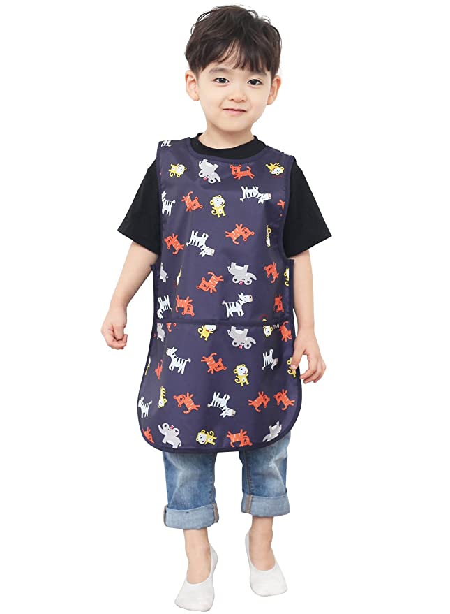 Plie Children Waterproof Sleeveless Art Smock Apron with Pockets, Navy Animal (03-XL)