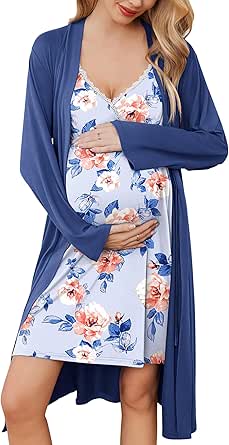 Ekouaer Womens Maternity Nursing Gown and Robe Set Labor Delivery Nuring Nightgowns for Hospital Breastfeeding Robes