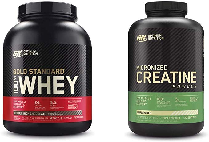 OPTIMUM NUTRITION Gold Standard Whey Protein Powder, Double Rich Chocolate with Micronized Creatine Monohydrate Powder, Unflavored, Bundle Pack