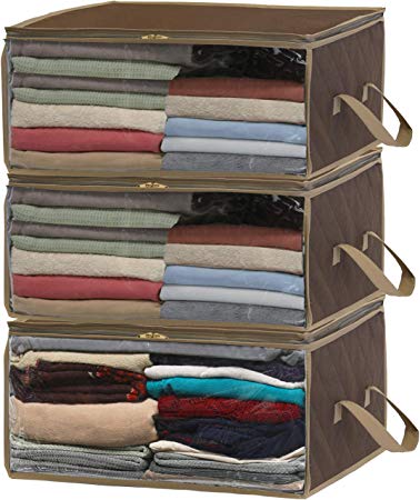 Simple Houseware 3 Pack Foldable Closet Organizer Clothing Storage Box with Clear Window, Brown