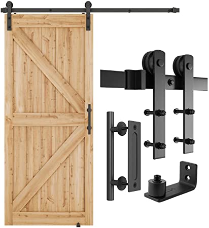 SMARTSTANDARD 6 FT Heavy Duty Sturdy Sliding Barn Door Hardware Kit, Black, (Whole Set Includes 1x Pull Handle Set & 1x Floor Guide) Fit 34''-36" Wide Door Panel (I Shape Hanger)