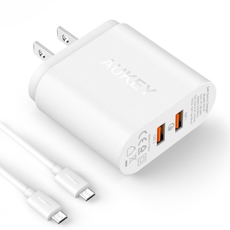AUKEY USB Wall Charger with Dual Quick Charge 20 Ports and 2 MicroUSB Cables for Samsung S7S6Edge Note 45 and More