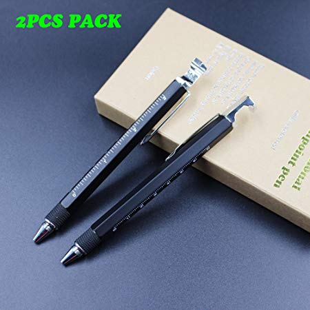 2PCS PACK 7 in 1 Multi-function Metal Tool Pen with Ruler,Ballpoint Pen,Phone holder,Stylus,2 Screw Driver and Opener, Multifunction Tool pen Fit for Mens Gift (2PCS Black)