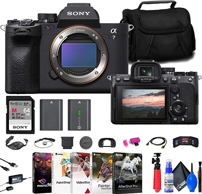 Sony a7 IV Mirrorless Camera (ILCE-7M4/B)   64GB Memory Card   Bag   NP-FZ100 Compatible Battery   Card Reader   Corel Photo Software   Flex Tripod   Hand Strap   Memory Wallet   Cap Keeper   More