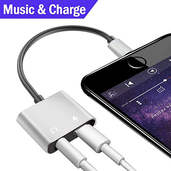 Lightning Adapter,Audio  Charger Adapter for iPhone X iPhone 8/8Plus iPhone 7/7Plus iPad Headset Earphone.Headphone Audio Splitter and Charger Adaptor Wire control.Compatible All iOS Systems-Silver