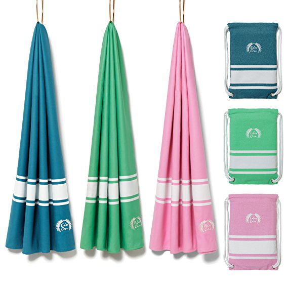 Eden Cove Microfiber Beach Towel & Drawstring Pouch Beach Bag. Large (55x28”) and Extra Large (71x39”) Quick Dry, Absorbent, Lightweight, Compact Travel Towel & Backpack for Pool, Swim, Beach Blanket