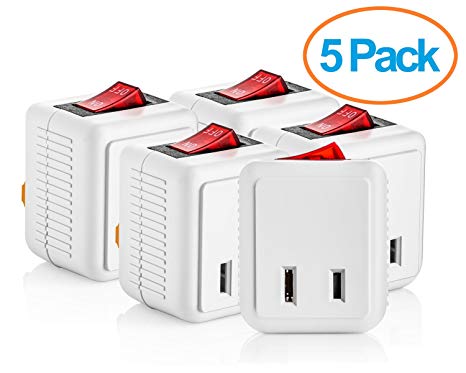 Yubi Power Single Port Outlet Wall Tap Adapter 2 Prong One Outlet Adapter With Lighted Switch Power On Off Control - 5 Pack