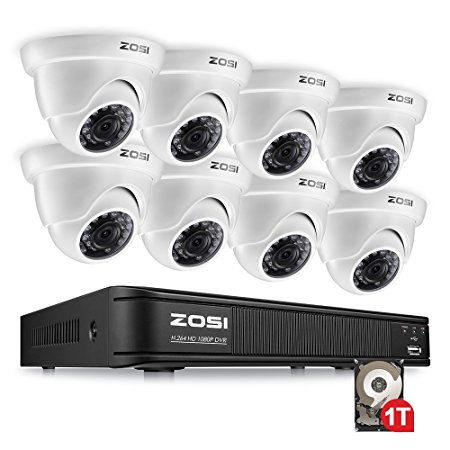 ZOSI 8-Channel 720P HD-TVI Home Surveillance Camera System,1080N CCTV DVR Recorder (1TB Hard Disk Built-in ) and (8) 1.0MP 1280TVL Outdoor/Indoor Security Cameras with Night Vision LEDs