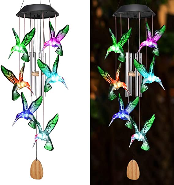 OUTUL Wind Chimes Outdoors LED Solar Hummingbird Wind Chime for Windows, Yard, Patio, Porch, Garden, Backyard, Memorial Wind Chimes Gifts for Mom Grandma