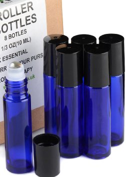 Rioa 10ml13oz Roll on Glass Bottle- Set of 6 for Essential Oil - Empty Aromatherapy Essential Oils Perfume Bottles - Refillable Slim with Metal Ball and Black Plastic Lid