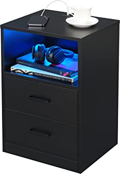 PrimeZone LED Nightstand with Charging Station - Modern End Table Bedside Table with USB Ports & Outlets, Wooden Bedroom Night Stand with 2 Drawers & Open Storage, Black