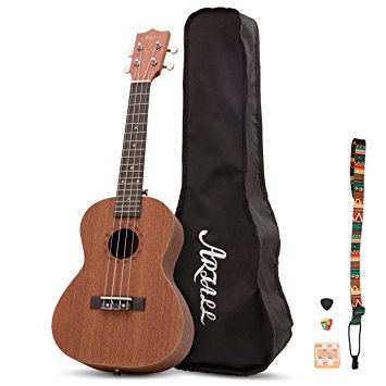 Artall 23 Inch Handcrafted Solid Wood Concert Ukulele, Small Sapele Guitar Beginner Pack with Carrying Bag & Accessories, Natural