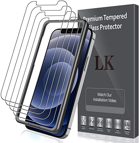 LK 4 Pack Screen Protector Compatible with iPhone 12 Mini 5.4-inch Tempered Glass, HD Clear, Easy Frame Installation, Bubble Free, Case Friendly