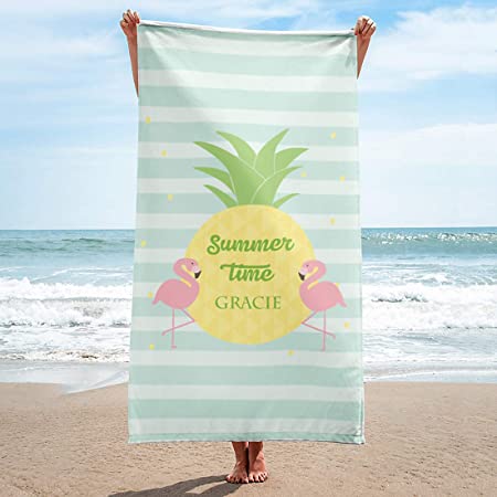 Personalized Beach Towels for Women Kids Girls Boys Adults Men. Custom Name Beach Towel with Name Mermaid Flamingo Pineapple Shark Honeymoon Basketball Baseball Summer Gifts (Flamingo, 32" x 64")