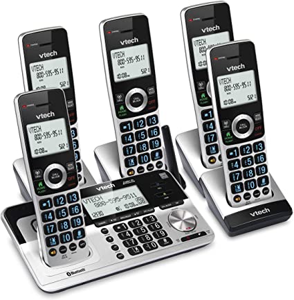 VTech VS113-5 Extended Range 5 Handset Cordless Phone for Home with Call Blocking, Connect to Cell Bluetooth, 2" Backlit Screen, Big Buttons, and Answering System, Silver & Black