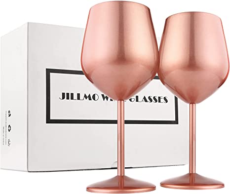 Jillmo Wine Glass, 18 oz Stainless Steel Wine Glasses, Set of 2, Pearlized Rose Gold