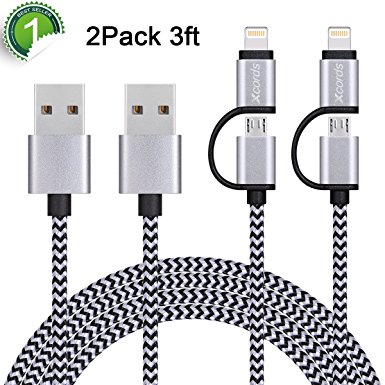 Xcords 2 Pack 3FT 2in1 Lightning and Micro USB Cable Nylon Braided Sync and Charging Cable Cord Compatible with iPhone 7/7Plus/6s plus/6s/6 plus/6/5s/5c/5, iPad /iPod, Samsung, HTC, and More(Black)