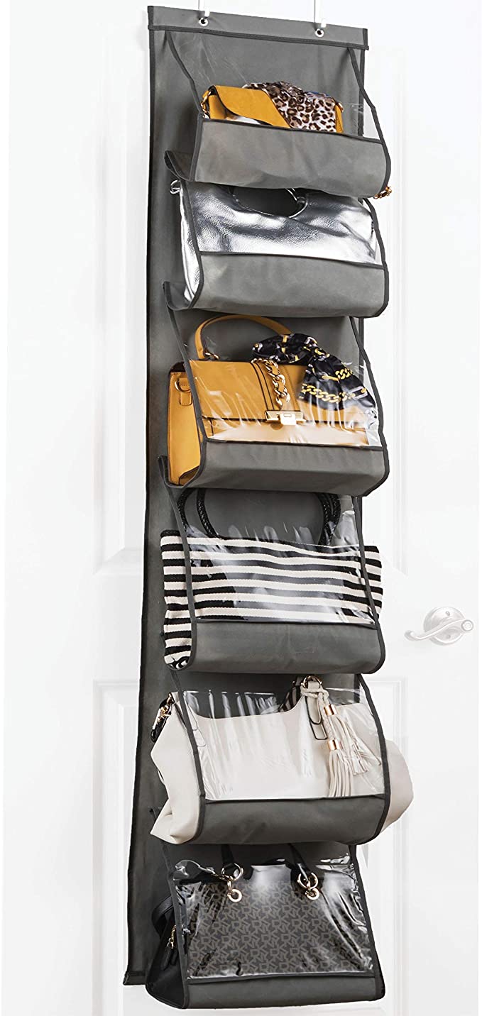 ZOBER Over The Door Purse Organizer & Storage Handbag Organizer with 6 Easy Access Deep Pockets - Durable Metal Hooks, Handbag Organizer with Clear Pockets - Ideal for Scarf, Umbrella/Accessories Etc