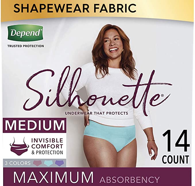 Depend Silhouette Incontinence Underwear for Women, Maximum Absorbency, Disposable, Medium, Lavender/Teal/Berry, 14 Count