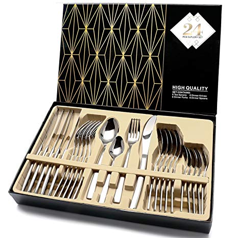 Cutlery Set, Elegant Life Silverware Set,24-Piece Stainless Steel Flatware Sets High-grade Mirror Polishing Cutlery Sets,Multipurpose Use for Home,Kitchen,Restaurant Tableware Utensil Sets with Gift Box Service for 6