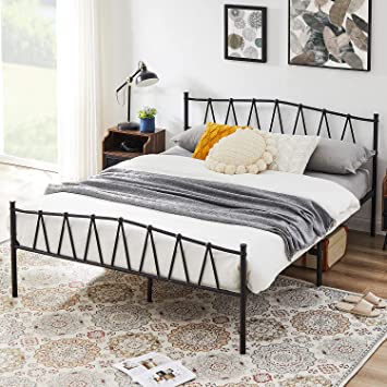 VECELO Full Size Bed Frame, Vintage Metal Platform with Headboard and Footboard, Matress Foundation with Heavy Duty Slat Support/No Box Spring Needed/Noise Free, Black