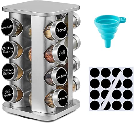 DEFWAY Spice Rack Organizer for Cabinet - Stainless Steel Spice Rack with Reuseable Labels and Funnel, Rotating Spice Rack Organizer for Countertop, Square
