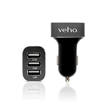Veho Triple USB 5V 5.1A Car Power Charger for Smartphones & Tablets, Action Cameras, Power Banks, Portable Speakers - Black (VAA-010)